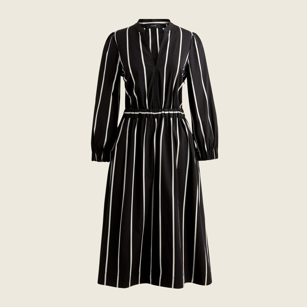 J. Crew Cinched-Waist Cotton Poplin Midi Dress in Black and White Stripes Size M